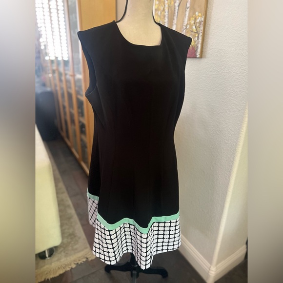 Studio One - classic black dress with pop of teal and b&w checks on skirt - Picture 1 of 10